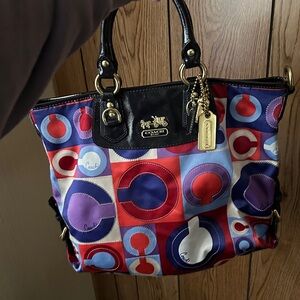 Coach Multicolor Red Blue Purple Circle-Print Tote with Black Leather Trim
